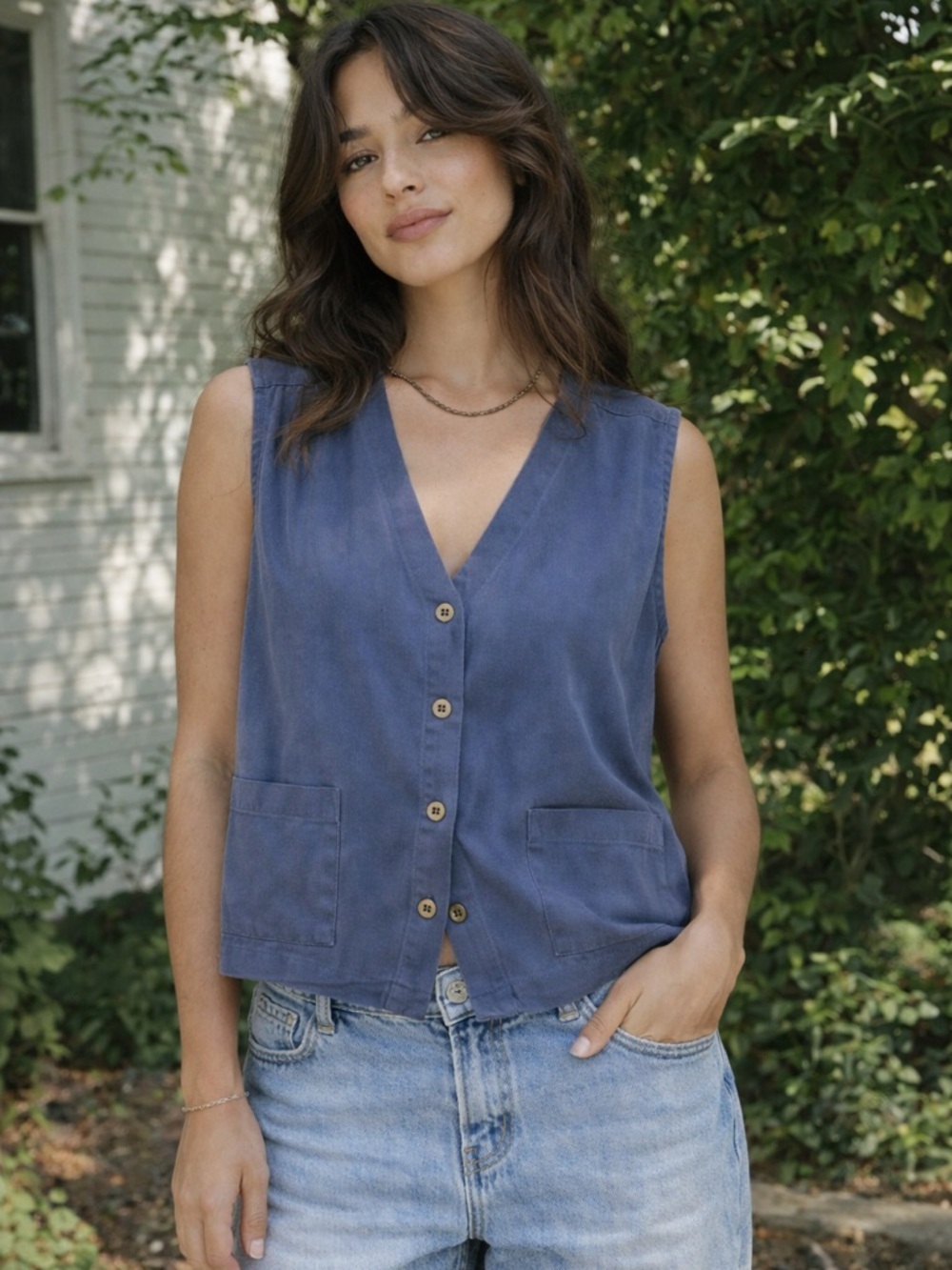 90s Minimalist Blue Tencel Vest Button Front Boxy Relaxed Size 12